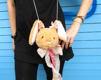 Sweet Lolita Inspired Cute Fuzzy Baby Bunny Purse With Pink Bow And Button Heart Ear