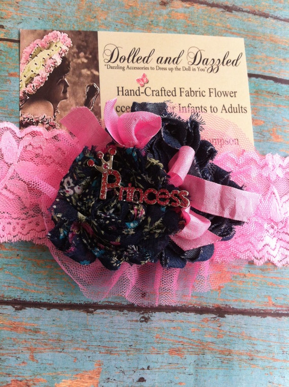 Pink and Denim Princess Headband/ Shabby Chiffon/ Girls Headband/ Baby, Infant Headband/ Embellishment/ Womens Brooch Pin/ Girls Hairclip