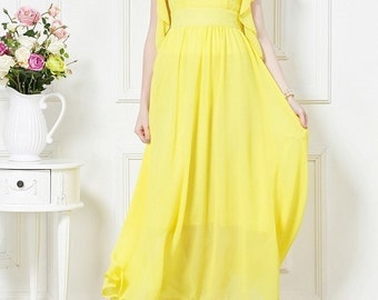 Yellow chiffon Lotus Sleeve dress maxi dress beach dress evening dress ...