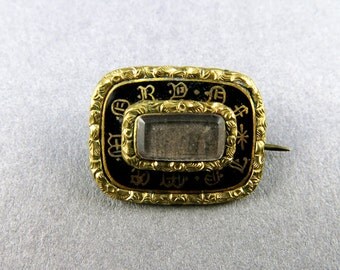 Antique Georgian Brooch Antique Mourning Jewelry Black And Gold Jewelry Gilt Enamel Jewelry Antiques Pin