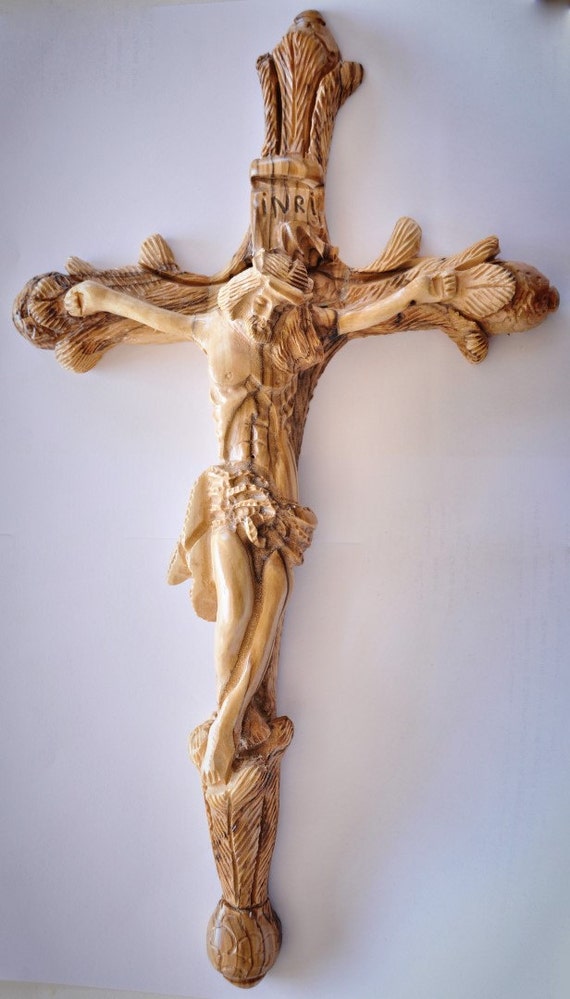 Vintage hand crafted olive wood cross made and carved by holy