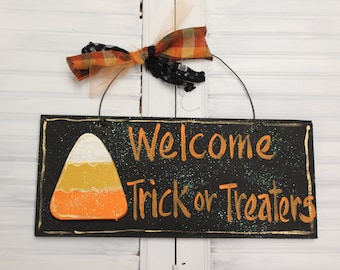 Halloween Welcome Trick or Treaters Candy Corn Hand Painted Wood Sign