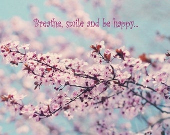 , spring tree branch, be happy quote, pink aqua teal purple spring ...