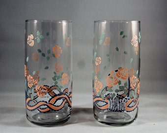 Set of 2 Vintage Anchor Hocking Drinking Glasses Tumblers with Peach / Pink Flowers, Basket and Ribbon print - AHC 1989