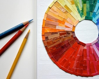 Rainbow Circle Collage- Made To Order- Wood Block- 8x10x1- Original Colorful Abstract - Multi Color Spectrum- Paper Art