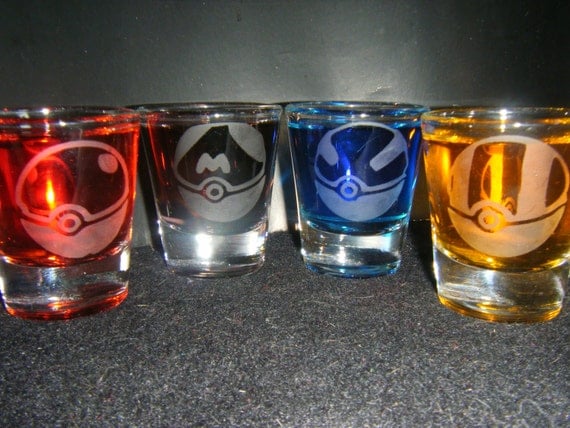 Pokemon Pokeball etched shot glass set of 4 fan art