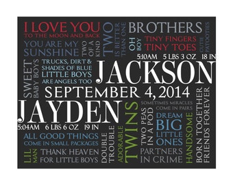 Personalized Twin Boys Modern Word Art For Nursery * * Digital Image * * DIY Printable * *