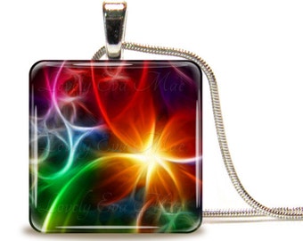 Colorful Abstract, Glass Tile Necklace, Glass Tile Pendant, Glass Cabochon, Red and Blue