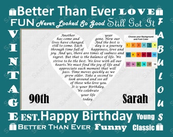Personalized 90th Birthday Gift Poem Heart Print 8 X 10 Custom Colors