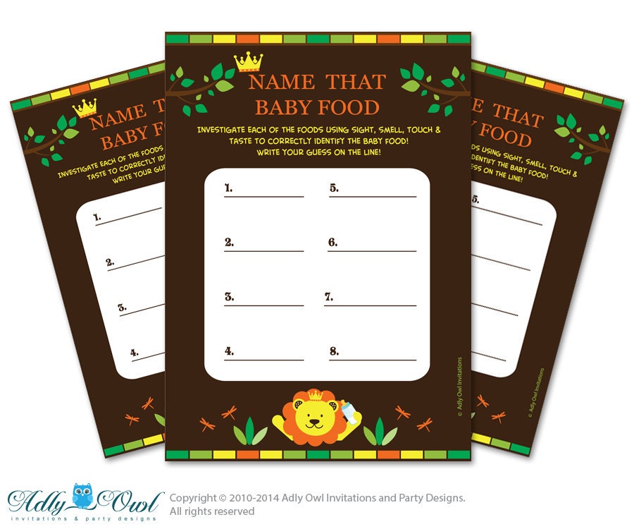 Boy Lion Name That Food, Baby Food guess Game Printable Card for Baby Lion Shower DIY King Safari - ONLY digital file - aa9bs25