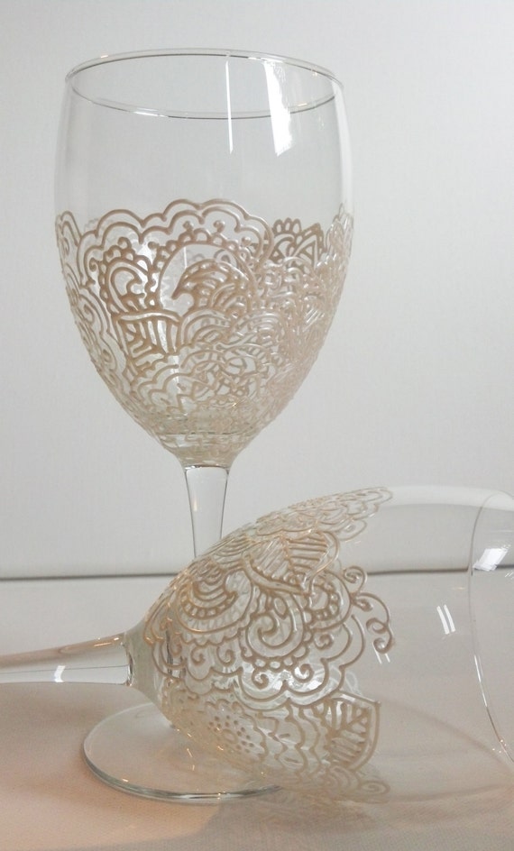 Hand Painted White Abstract Wine Glasses Sold in by PritzDesigns
