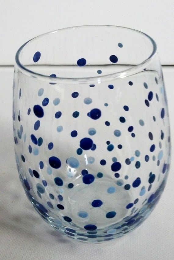 Hand Painted Blue Polka Dot Stemless Wine Glasses By Pritzdesigns