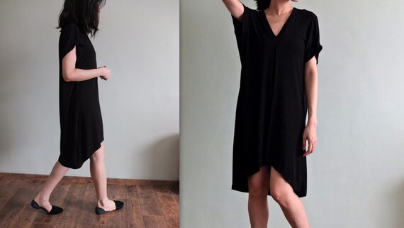 asymmetric black tencel dress with pinch detailing