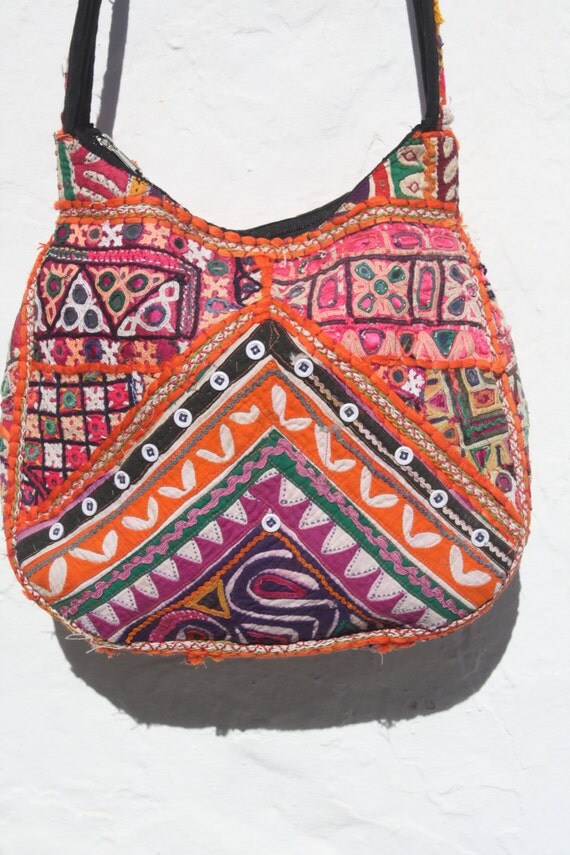 Items similar to Antique Indian hand embroidery big hand bag in happy
