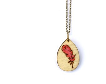 Feather Necklace- Feather Jewelry - Feather Art- Wood Jewelry - Wood Burning Art - Wood Burning Jewelry