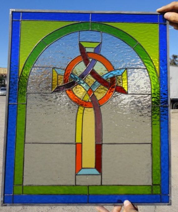 Colorful Gothic Cross Stained Glass Window Panel (We do custom work ...