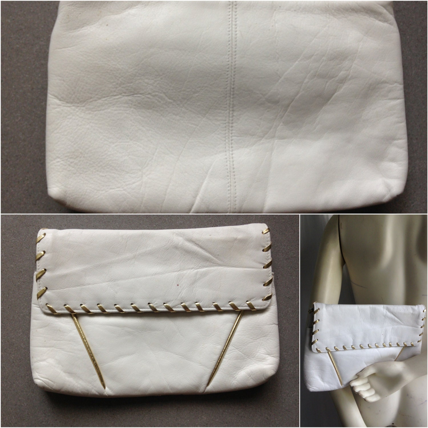 Vintage ANDE WHITE Leather Clutch Purse Evening BAG 1980s Gold
