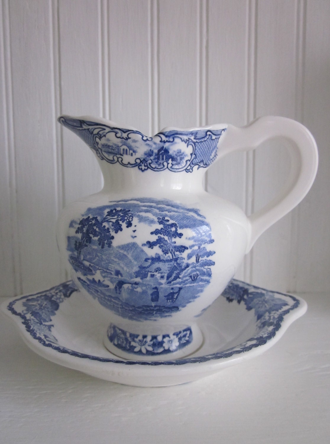 Vintage Blue and White Pitcher and Bowl Set Transferware