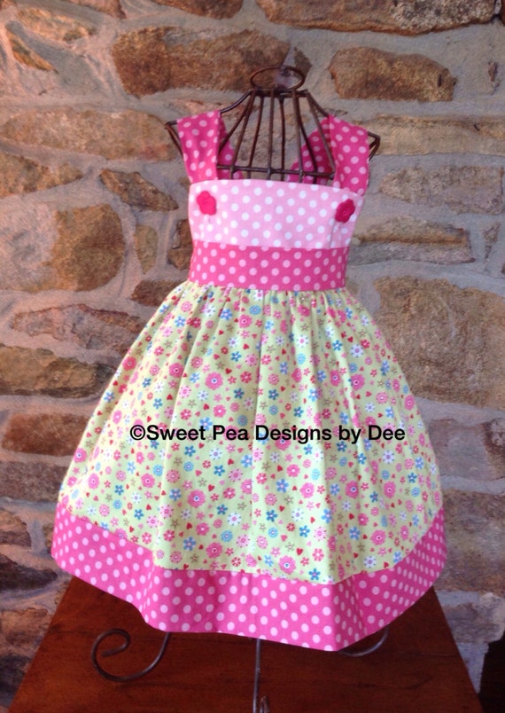 Toddler sundress,bright pink polka dots, lime green floral