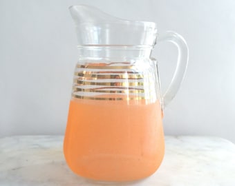 French vintage pitcher, glass pitcher, vintage pitcher, orange pitcher, gold pitcher