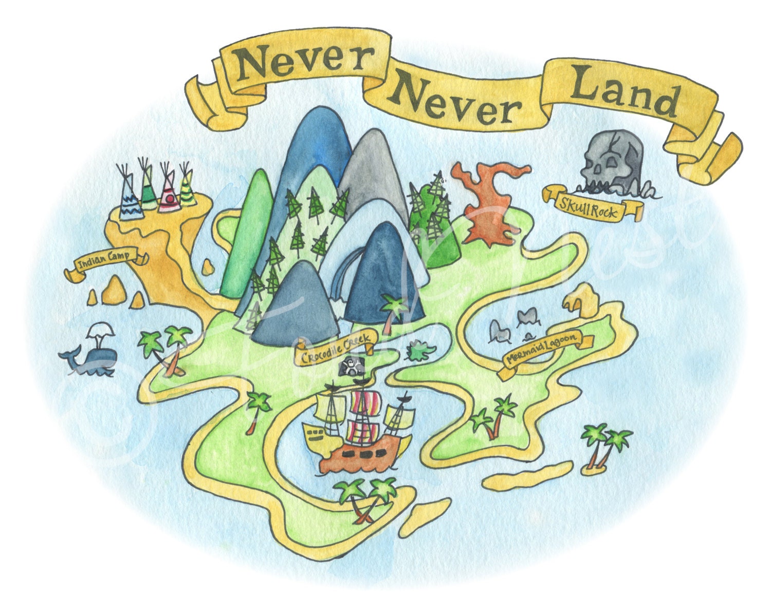 Peter Pan Never Neverland Map Disney Watercolor By FondNest   Il Fullxfull.609287110 Qylq 