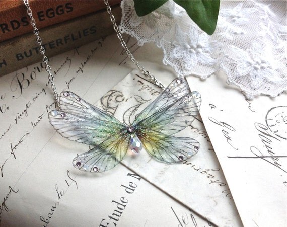Pretty small rainbow Faerie wing Necklace