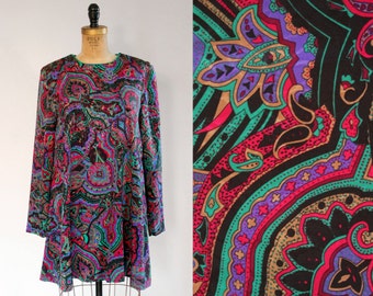 Vintage 80s Paisley Pattern Tent Dress / Colorful Print Trapeze Dress ...