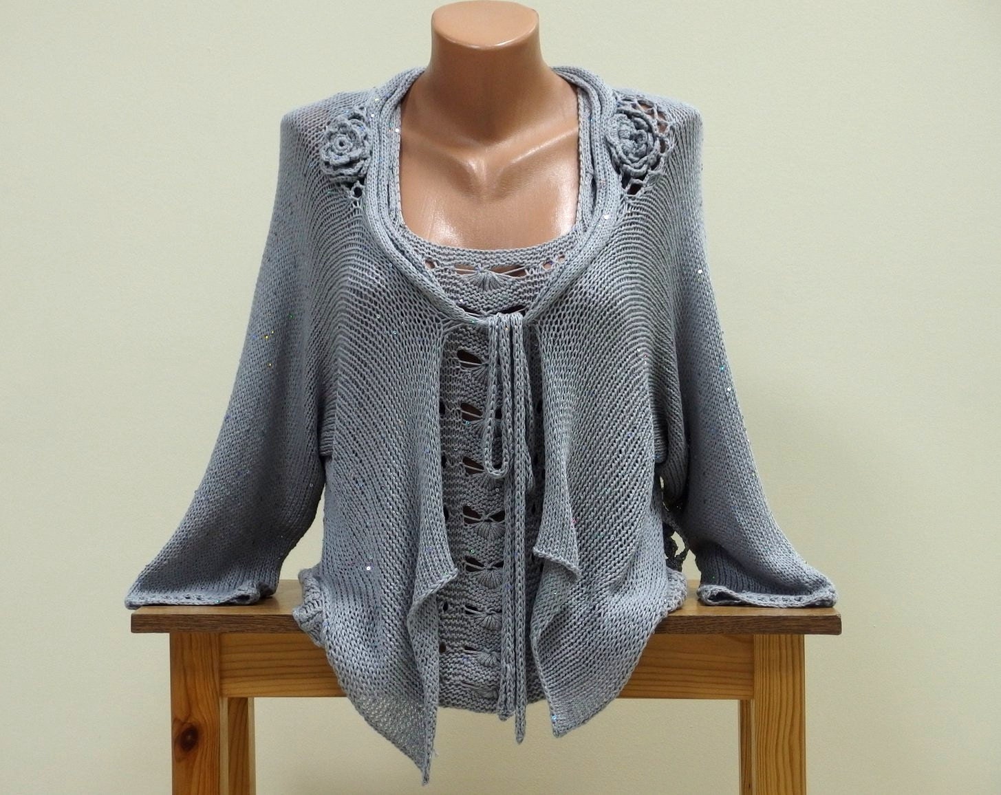 Dressy womens hand knit cardigan Fancy grey by CleopatraArt