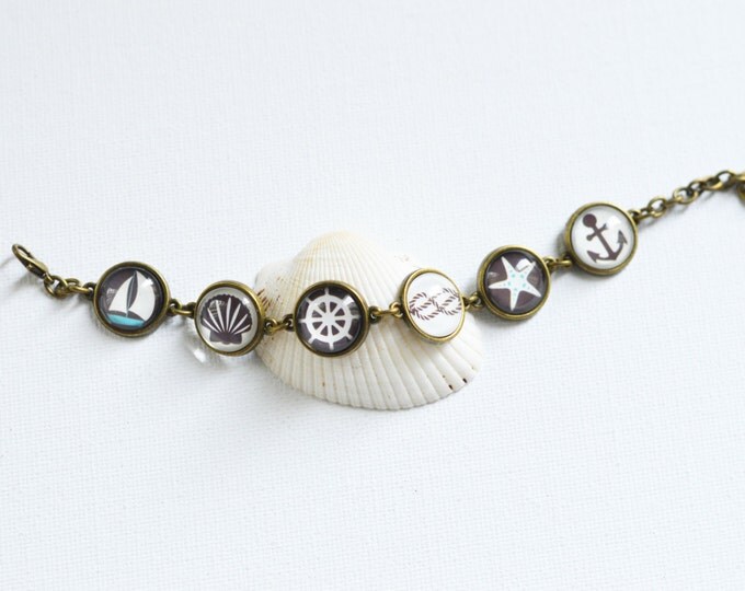 SEA BREEZE Bracelet made from metal brass under glass, Shell, Ship, Rudder, Anchor, Starfish, Pastel, Blue, Brown