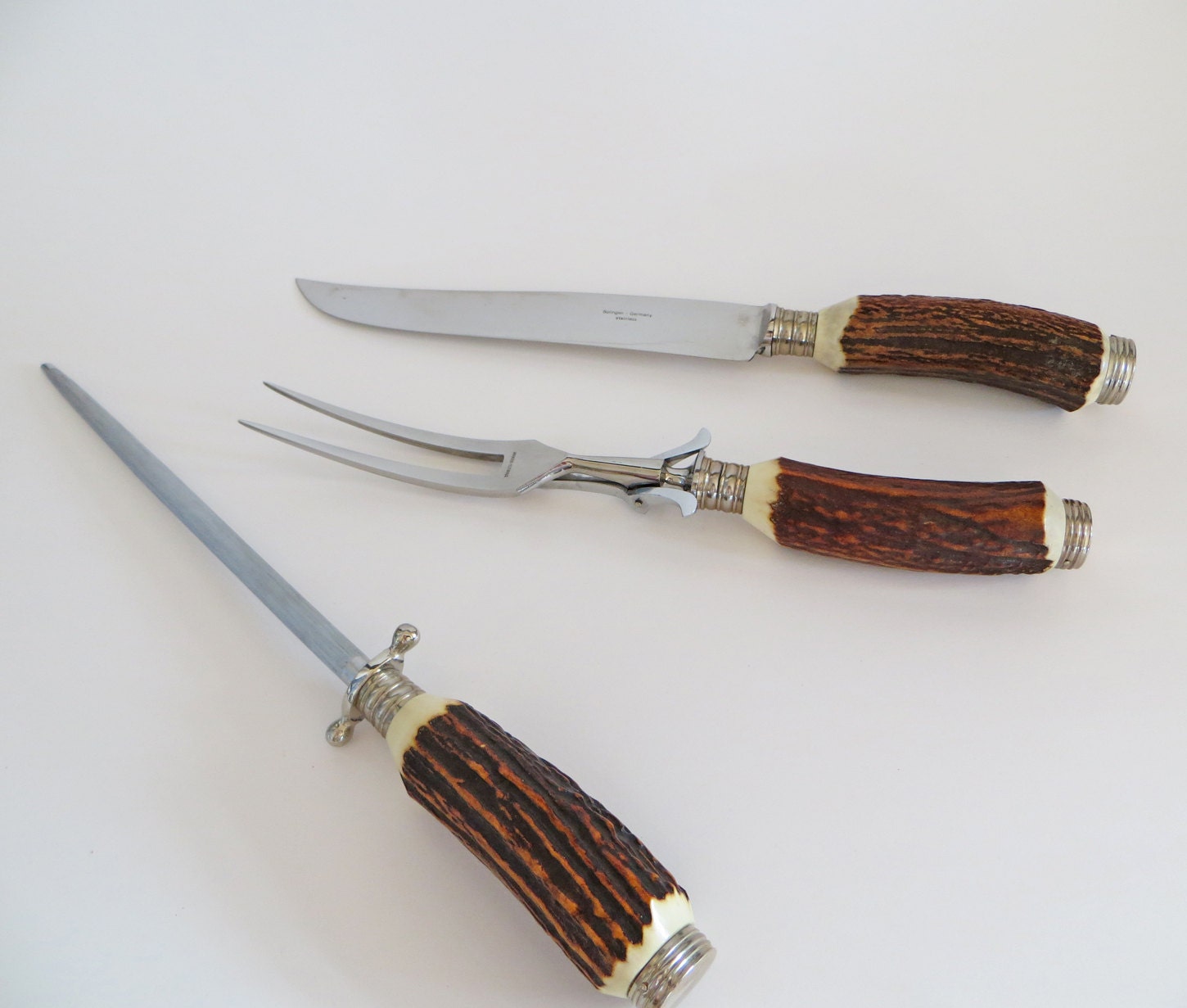 Vintage Solingen Carving Set German Bone Handled Knife Fork