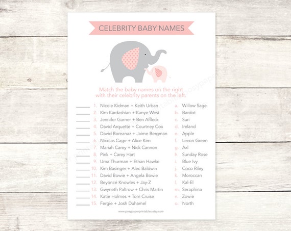 celebrity baby names matching game card printable elephant