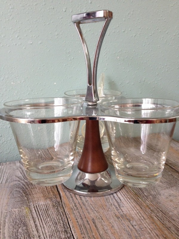 Vintage Chrome and Glass Condiment Server with Serving Spoons Vintage