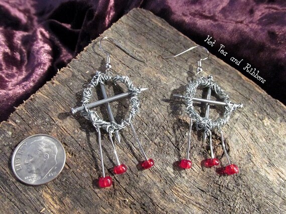 Crown of Thorns, Nails, with 3 Drops Earrings