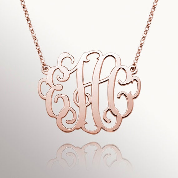 Rose Gold Monogram Necklace-1.25 Inch Initial Monogram Necklace-Personalized Monogram-Initial ...