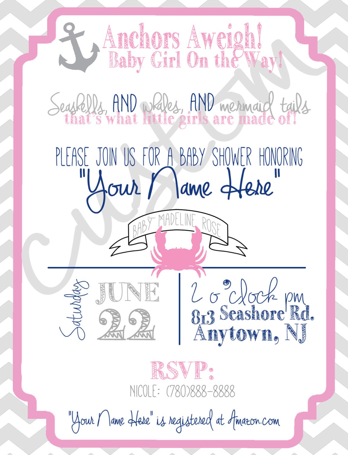 Nautical Theme Baby Shower Invitations for Baby Girl