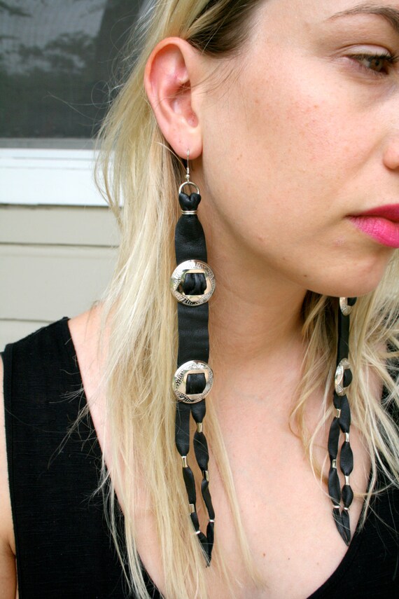Extra long earrings. Leather earrings. Western conchos. Southwest