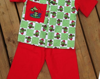 Size 5, Children's Christmas Pajama, Handmade Children's Flannel Frog Pajama