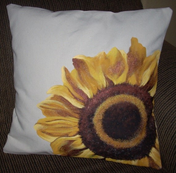 Hand Painted Acrylic Sunflower Pillow Cover 18 x 18 by marcatables