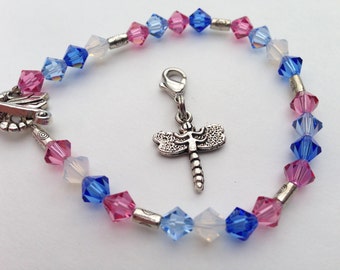 Weight Loss bracelet, food tracker, points bracelet, white, pink, blue, Swarovski crystals, dragonfly charm