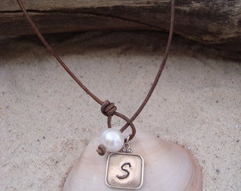 LEATHER/ PEARL NECKLACE (Susan) with a Hand stamped Sterling Silver Pendant