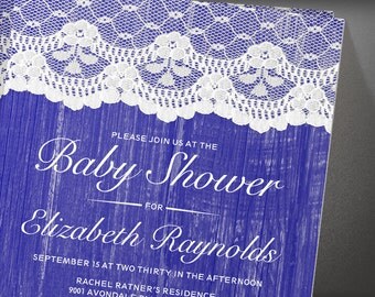 blue rustic lace baby shower invites