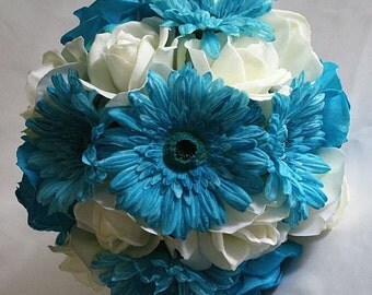 Items similar to Wedding Bouquet Bridal Flowers Pink Turquoise Teal ...