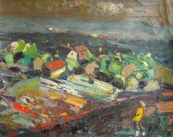 Vintage oil painting expressionist cityscape