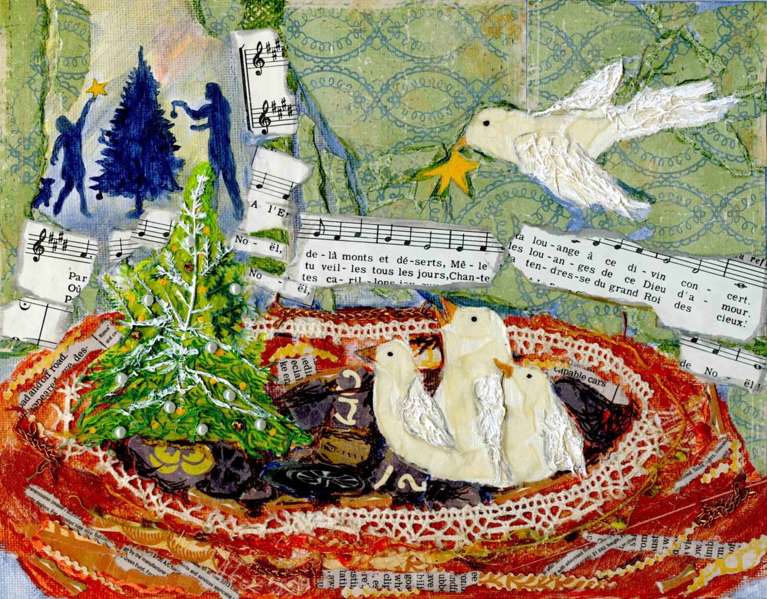 folk art christmas tree birds hanging star collage mixed media folk art christmas tree birds hanging star collage mixed media