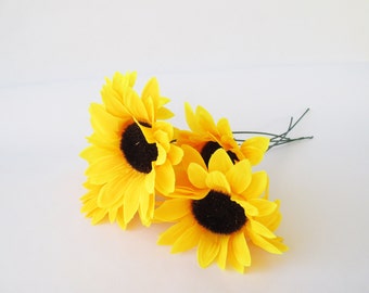 5 Artificial Silk Flowers Big Yellow Sunflowers with brown center measuring 5" Floral Hair Accessories Flower Supplies Faux Fake