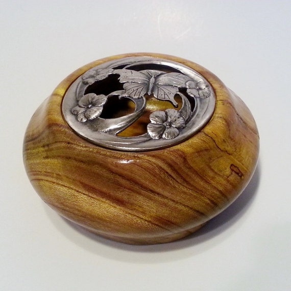 Hand Turned Wood Bowl with Metal lid Potpourri Bowl Lathe