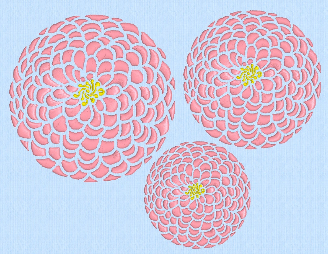 Zinnia Flower Machine Embroidery Design File in three sizes