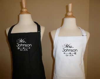 Personalized Mr. and Mrs. Apron set with last names and established date Great for newly weds new couple just married Valentines day gift