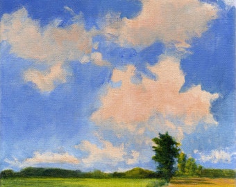Landscape Painting Original Painting on Canvas Green and Yellow Fields Clouds and Blue Sky 8x8