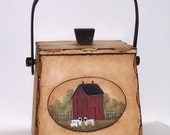 Firkin Wood Box Storage Cookie Sugar  Canister Hand Painted Primitive Folk Art Red Saltbox Americana Sheep  OFG